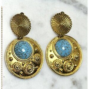 Vintage Boho Gold Tone Turquoise Statement Earrings Clip On Etruscan Style Resor